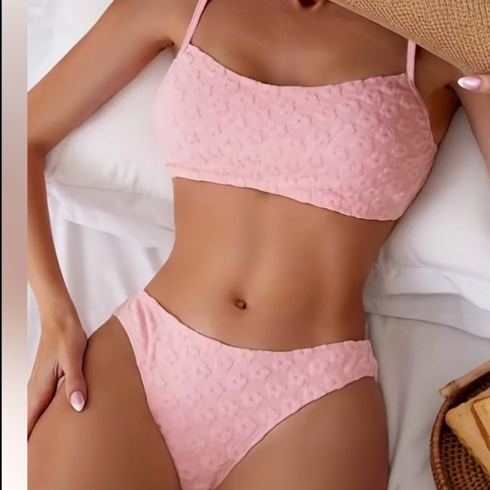 🏝️ Textured Fabric Solid Color Soft Pink 2 Piece Bikini Set